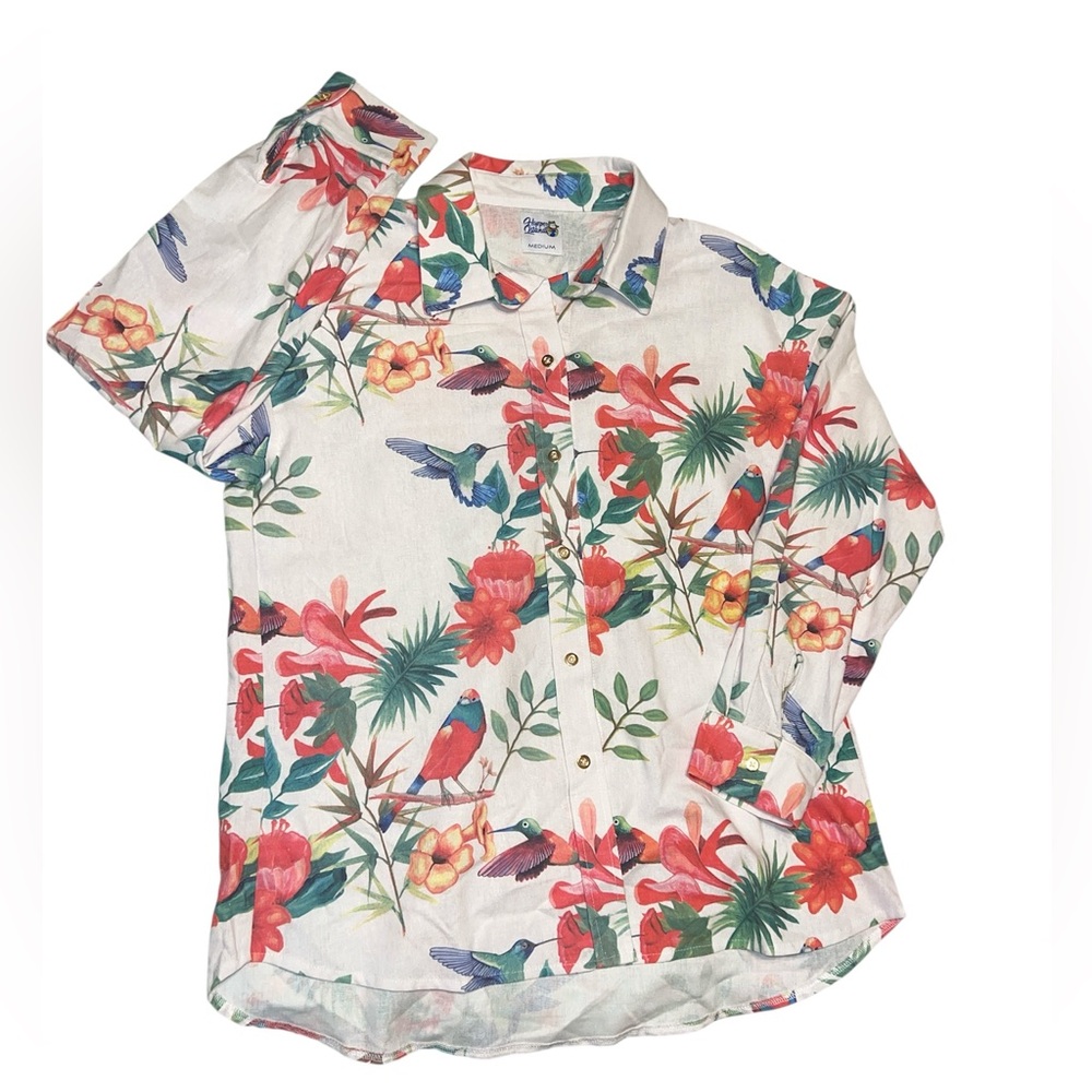 NWOT  Hopper Island Linen Blend Easy-Care Relaxed Long Sleeve Shirt Humming bird
